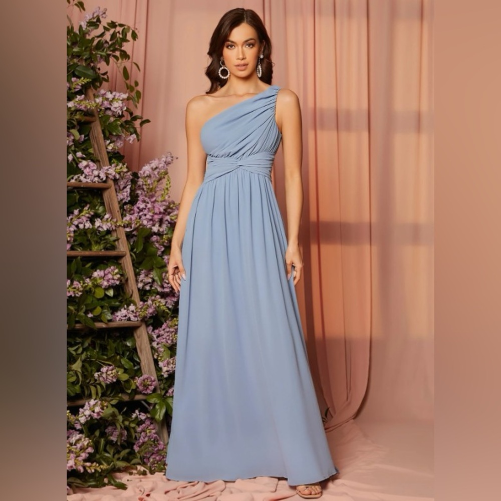 Elegant baby Blue One-Shoulder maxi Dress wedding guest bridemaid dress chiffon